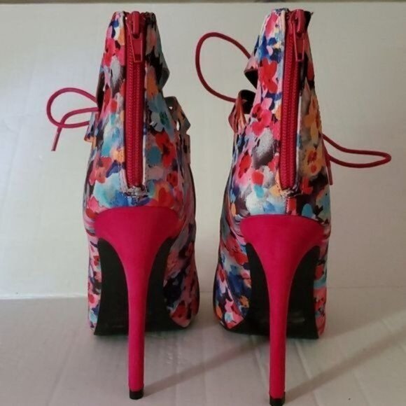 STILETTO HEELS PUMPS SHOES Pink Floral Peep Toe Lace Up Qupid Women's WOMAN'S 10 - Picture 5 of 16